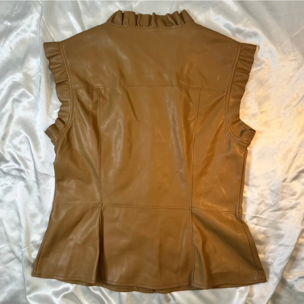 Women's Tan Faux Leather Button-Up ruffle Top - Picture 6 of 6